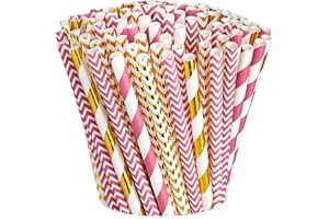 COMFY PACKAGE [200er Packung] Hot Pink & Gold Papier Trinkhalme 100% biologisch abbaubare Multi-Pattern Party Strohhalme