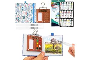 MINYSIC Mini Watercolour Paint Set Travel, Pocket Watercolour Set with 8 Grids Wooden Palette, 24 Colours, 2 Brushes, Metal Clip & Sketchbook for Artists, Beginners & Travel Sketchers