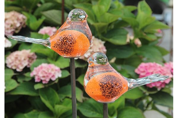 Bornhöft Lot de 2 piquets de Jardin en Verre pour décoration de parterres Faits à la Main - Sculpture Oiseau 1 (Orange Noir)