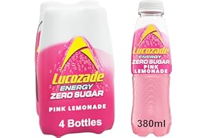Lucozade Zero Fizzy Drink, Pink Lemonade Flavour, Sugar Free, Low Calorie, 4 Pack, 380ml Bottles