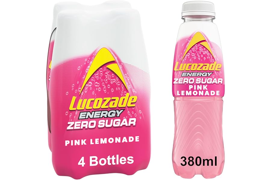 Lucozade Zero Fizzy Drink, Pink Lemonade Flavour, Sugar Free, Low Calorie, 4 Pack, 380ml Bottles