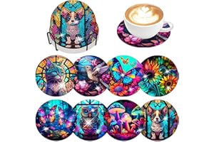 JINGTOPS 8 Pack Kit de Posavasos de Pintura de Diamante con Soporte, Posavasos de Arte 5D DIY Diamond Painting Posavasos Manualidades para para Principiantes, Adultos Niños