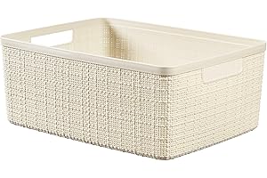 Curver Juliet- Cesta Rectangular Mediana 12L, Almacenaje, Ordenación; 100% plástico Reciclado, Acabado Yute, 28,2x36,2x14,5, Blanco