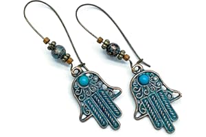 VILDA JEWELLERY Hamsa Charm Greenish Blue Earrings Antique Bronze Look with Large Kidney Hooks : 65mm