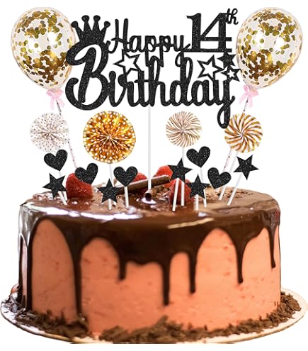 Décoration Gâteau 14e Anniversaire Noir Et Doré Pailletée - 21x14 Cm - Bâton Bambou - Pour Gâteaux, Cupcakes