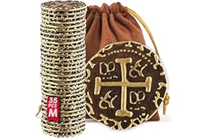 LEIB GAMES Monedas Piratas de Metal - 35 Monedas De Bronce para Juegos De Mesa Adulto, Juegos De Mesa Niños, Cofre del Tesoro, DND, Gloomhaven Dinero Falso - Tamaño M