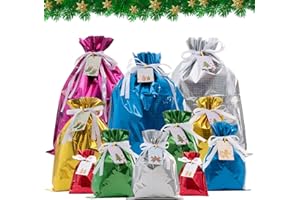 SMALUCK Christmas Drawstring Bags - 18 pcs Reusable Xmas Present Fast Wrapping Foil With Tags, Assorted Size Shining Gift for Birthday Goody Holiday Treat or Party Favor