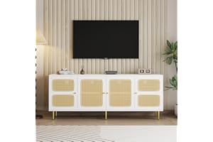 Rtopsu Mobile TV, Tavolo TV Basso per TV Fino a 80 Pollici, Scaffale TV con 4 Ante e 2 Vani Portaoggetti Scaffale per Soggiorno, Sala da Pranzo e Camera da Letto, 180x40x72 cm, Legno e Rattan, Bianco