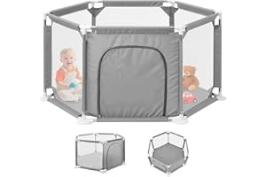 JUPPLIES Parque Infantil Bebe 127x127cm Hexagonal – Corralito Bebe con Malla Transpirable – Parque de Juegos Bebe con Puerta Lateral – Playpen Bebe sin Pelotas