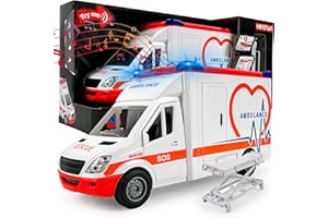 CELMAN Krankenwagen Spielzeug, Rettungswagen Ambulance mit Trage, Heckklappe zum Öffnen, Licht & Sound, Großes Spielzeugauto Medical Responder für Kinder ab 3 4 5 6 7 8 Jahren