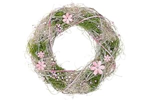 HEITMANN DECO Ghirlanda di riso con fiori e perle – naturale – rosa – verde – ghirlanda per porta – ghirlanda da parete – da appendere o appoggiare, ca. 24 x 24 x 7 cm