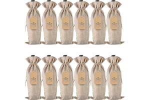 PIXHOTUL Burlap Wine Gift Bags, 12 Pcs Jute Drawstring Wine Bottle Covers with Tags and Ropes for Christmas, Wedding, Travel, Birthday, Holiday Party