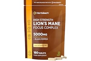 HORBÄACH Lions Mane Supplement 5000mg with Vitamin B5 & Black Pepper | Focus Complex & Mental Performance Supplement | Lion's Mane Mushroom 12:1 Extract | 180 Vegan Tablets (Not Capsules) | by Horbaach