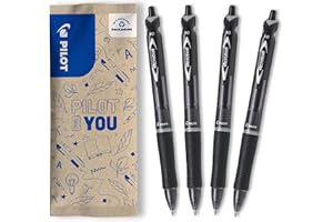 PILOT - Lot de 4 stylos Acroball - Stylo-bille à encre ultra douce pour une fluidité d’écriture inégalée - Stylo rechargeable et rétractable en plastique recyclé - Stylo-bille noir - Pointe moyenne