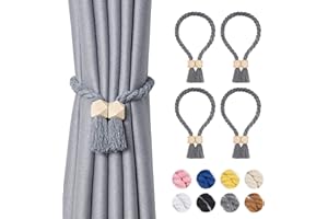Pretty Jolly Polyeder magnetische Vorhang-Raffhalter aus Holz, Boho-Dekoration, Raffhalter, natürliche Baumwolle, handgewebt, für Fenstervorhänge für Zuhause und Büro, Grau, 4 Stück