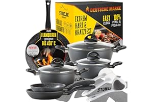 STONELINE Ceramic Batterie de Cuisine Céramique 14 pcs 18/20/24 Sans PFAS, Set Poêles et Casseroles avec Couvercles, Tous feux Induction, Revêtement Antiadhésif avec vraies particules de pierre, Gris