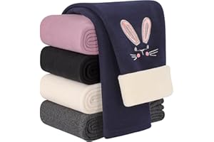Auranso Girls Fleece Lined Thermal Leggings 3-9 Years Cute Bunny Embroidery Pattern Cotton Kids Winter Thick Warm Trousers Pants for Toddlers