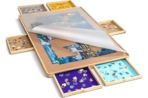 Becko US Puzzle Board with Cover & 6 Press Open/Close Drawers, Wooden Jigsaw Puzzle Table with Colored Drawers, Portable Puzzle Storage with Smooth Flannelette Tabletop for 1500 Piece Jigsaw Puzzles