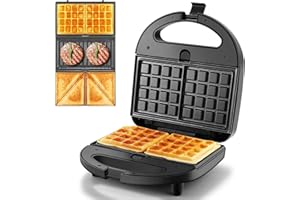 Tiastar Multifunktionsgerät 3 in 1 (Sandwichmaker,Sandwichtoaster, Kontaktgrill, Waffeleisen,Panini Maschine),Antihaftbeschichtete abnehmbare Platten,750W,LED-Anzeigen, BPA frei, Schwarz