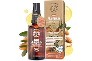 BIONOBLE Organiczny Olej Arganowy 100% Czysty - Tłoczony na Zimno w Maroku - Regeneruje, Odżywia, Przeciwstarzeniowy - Olej Arganowy do Włosów, Twarzy, Ciała - Szklana Butelka z Pompką i Pipetą - 50ml