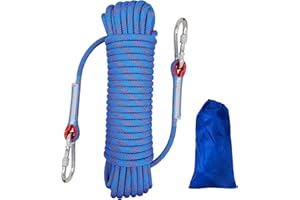 HAIY Climbing Rope, 10mm Outdoor Static Rock Climbing Cord, High Strength Safety Nylon Rope 2 Carabiner, for Escape, Fire Rescue, Camping, Dockside Mooring, Fixing, Blue Length 20m