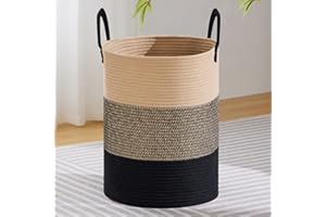 MYHOMMATTO Wäschekorb,Aufbewahrungskorb,Geflochten Korb,100L Groß xxl Rund Wäschesammler mit Baumwollhenkel für Kinderzimmer,Korb für Decken und Spielzeug für Wohnzimmer oder Waschraum,Braun & Schwarz