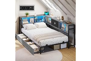 ‎DICTAC DICTAC Schlafsofa 90x190 mit LED-Beleuchtung und Ladestation, Daybed Tagesbett 90x190 mit stauraum-5 Staufächern und 2 Schubladen, Jugendbett 90 x 190 mit Lattenrost aus Metall, Eichenasche Bett