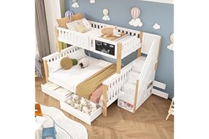 Rtopsu Etagenbett Kinderbett 90x200 & 140x200 cm für 2-3 Kinder, Hochbett mit Treppe und 2 Stauraum Schubladen, Bett mit Rausfallschutz, Hausbett mit Lattenrost, Weiß & Natür, Ohne Matratze