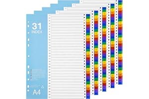 GUOKOFF Divisori per Raccoglitori ad Anelli, 5 Pezzi Divisori File A4, Divisori Raccoglitori in 31 Parti, Divisori per Cartelle con Schede 1-31, Divisori Soggetto Con 11 Fori, Divisori in Plastica