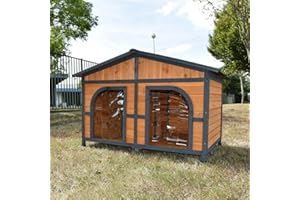 Animal Valley - Casita de perro doble - Madera y Plástico - L 141,5 x 94,5 x 95 cm - Talla XXL - Beige y Gris - para perros de tamaño mediano