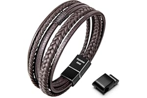 Speroto Men's Adjustable Premium Leather Bracelet - Black/Brown with Stainless Steel Magnetic Clasp, Multi-Layer Braided Genuine Leather Gift for Men/Women