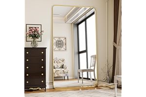 Koonmi Specchio Verticale Intero con Angoli Arrotondati 76 x 171 cm, Grande Pavimento Rialzato con Supporto e Appendiabiti da Parete per Camera da Letto