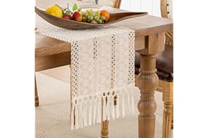 Serento Camino de Mesa de Macramé Boho Beige Borlas de Algodón Lino Tejido a Mano, Camino de Mesa Rústico de Granja para Boda Fiesta Hogar Cocina Comedor Decoración 30x140cm