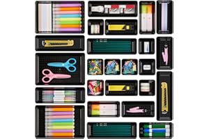 Vtopmart 25 PCS Office Desk Drawer Organizers Set, 4-Size Versatile Plastic Drawer Organizer Trays, Storage Bins for Desk Accessories Office Organizers and Storage, Bathroom, Makeup, Vanity, Black