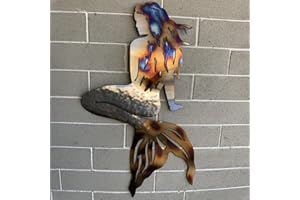 Txkrhwa Mermaid Metal Art Wall Decor, Hanging Metal Wrought Iron Sculpture Mermaids Handmade Creative Craft Panels for Wall Art, Stainless Steel Mermaid for Home Garden Beach Decoration (Silver)