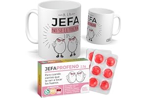 MUNDOHUEVO Pack Jefa | Taza la Jefa no se le tocan los … + Caramelos JEFA PROFENO – Regalo divertido para Día de la Madre – Detalle gracioso de cumpleaños y oficina | Frase Divertida | Cerámica 350 ML
