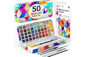 Funcils Set Aquarelle Voyage – 50 Couleurs | Peinture Aquarelle pour Adultes, Enfants, Débutants, Artistes Pros | Palette avec Papier, Pinceau, Stylo | Fournitures Artistiques Complètes