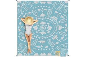 JOPEE 280 x 300cm Große Stranddecke, Sandfrei Wasserdicht Strandmatte für 4-8 Personen, Leicht und Tragbar Picknickdecke, Outdoor Camping Decke mit 4 Heringen für Strand, Wandern, Reisen - Blaue Blüte