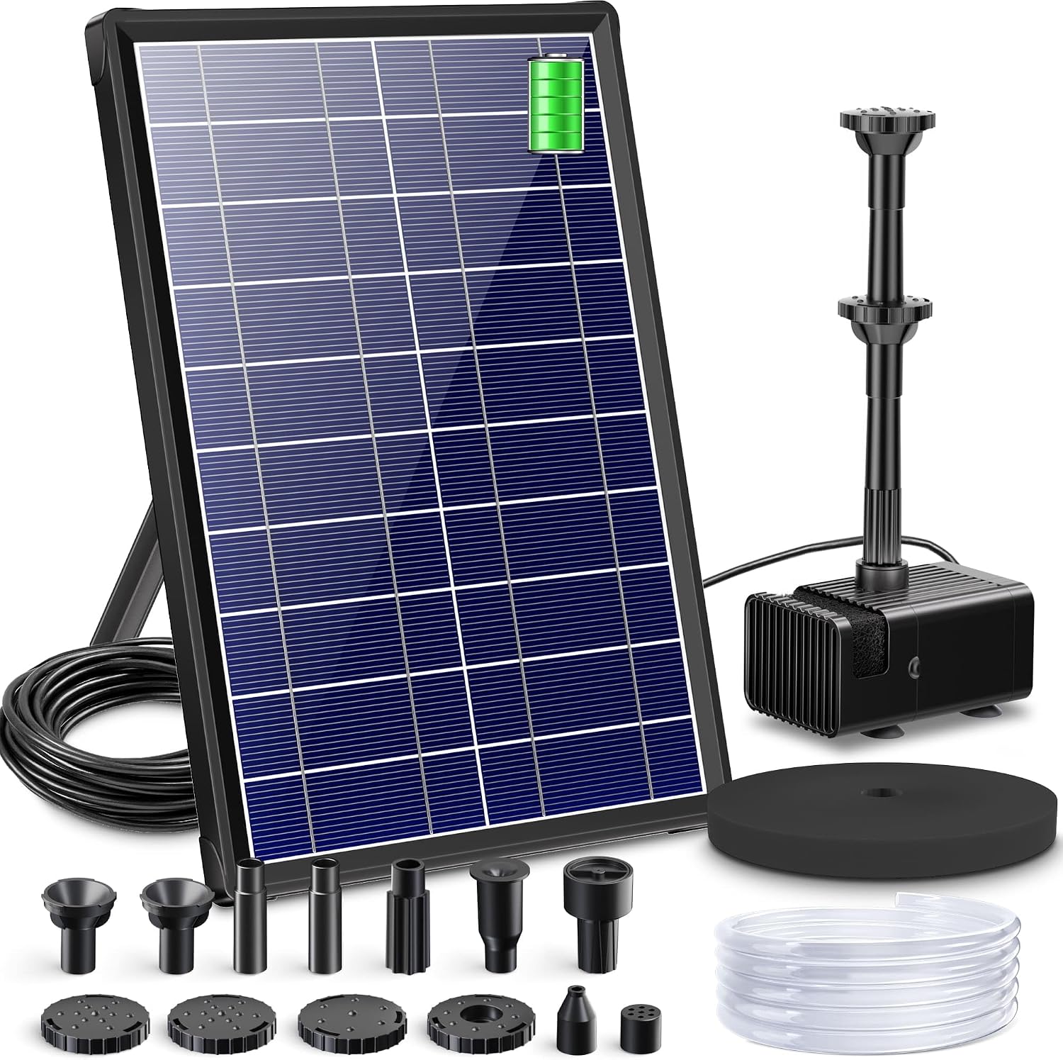 Biling Solar Pond Foundtain with Battery Backup, 8W 300L/H Solar Water Pump with 3600 mAh Battery Backup Filter Solar Water Feature Pump with DIY 5ft Tubing for Garden Ponds, Pool, Fish Tank