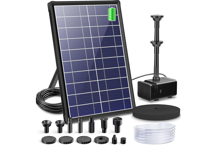 Biling Solar Pond Foundtain with Battery Backup, 8W 300L/H Solar Water Pump with 3600 mAh Battery Backup Filter Solar Water Feature Pump with DIY 5ft Tubing for Garden Ponds, Pool, Fish Tank