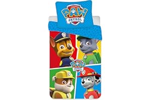 BrandMac Parure de lit Pat'Patrouille avec Chase, Ruben, Marcus et Rocky - Housse de Couette 140x200 cm + Taie d'oreiller 65x65 cm 100% Coton