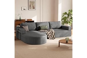 HOMRELEXA Ecksofa mit Schlaffunktion, Cord Schlafsofa L Form, Boneless Couch, Wohnlandschaft Schlafcouch mit 75cm Sitzfläche, Modulares Sofa Bed Sofabett mit Abgerundeter Chaise Longue, Grau