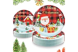 Duocute Piatti di Carta Natalizi Set 40 Pezzi, 23cm(9inch) and 18cm(7inch) Xmas Santa Buffalo Plaid Feste Stoviglie di Carta Usa e Getta per la Cena di Natale, Dessert Party-20 Ospiti