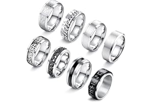 LOLIAS 8-częściowy zestaw pierścieni męskich ze stali nierdzewnej, matowe wykończenie, polerowane obrączki, pierścienie typu spinner, pierścienie na łańcuszku, vintage, rozmiar 54 - 70