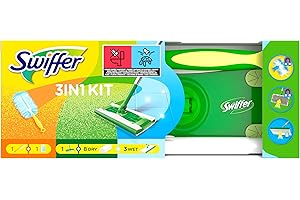 Swiffer Kit Complet Nettoyage: Balai Attrape-Poussière (1 Balai, 8 Lingettes Sèches, 3 Lingettes Humides) Plumeau (1 Manche et 1 Recharge), Tête Pivotante 360°, Pour Poils d'Animaux