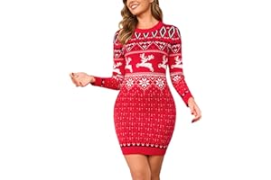 Wayleb Abito Natale Donna, Vestito Natalizio Invernale in Maglia Girocollo Manica Lunga – Elegante Abbigliamento Vestito Festivo per Natale, Feste o Quotidiano Slim Fit S-XXL
