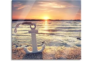 PIXXPRINT Anker am Ostseestrand im Sonnenuntergang Herdabdeckplatte & Spritzschutz aus Echtglas | Für Herd-Kochfelder | 60x52 cm
