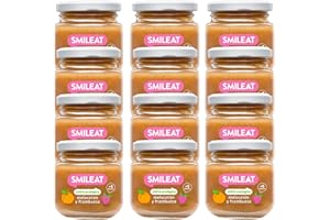 SMILEAT EAT & SMILE Smileat - Tarritos Ecológicos de Frutas, Ingredientes Naturales, para Bebés desde 6 Meses, Sano y Saludable, sin Gluten, Sabor a Melocotón y Frambuesa - Pack de 12 Tarros x 130 g - 1560 g