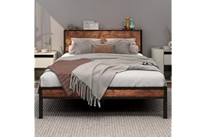 DUMEE Double Bed Frame with Wooden Storage Shelf Headboard, Metal Platform Bed Frame Double, No Box Spring Needed, Noise Free, Reinforced Strong Support Leg, Textured Black&Brown Oak1