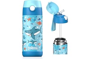 Jarlson - Gourde Enfant INOX - Bouteille Isotherme Enfant 350 ML - Gourdes sans BPA - avec de la Paille - pour l'école, Les Sports et la Maternelle (Requin, 350 ML)